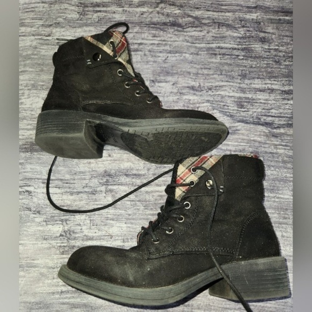 Rock & Candy Black Ankle Boots Plaid Lined‎ Lace Up Chunky Heel Grunge